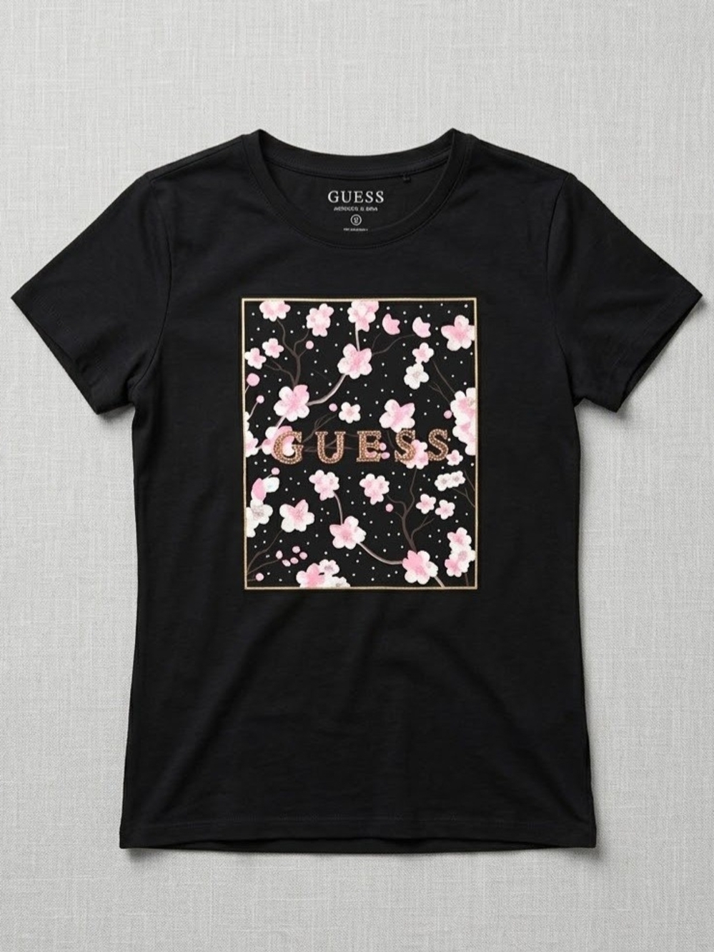 GUESS Women's Black Floral Logo Tee with Pink Accents